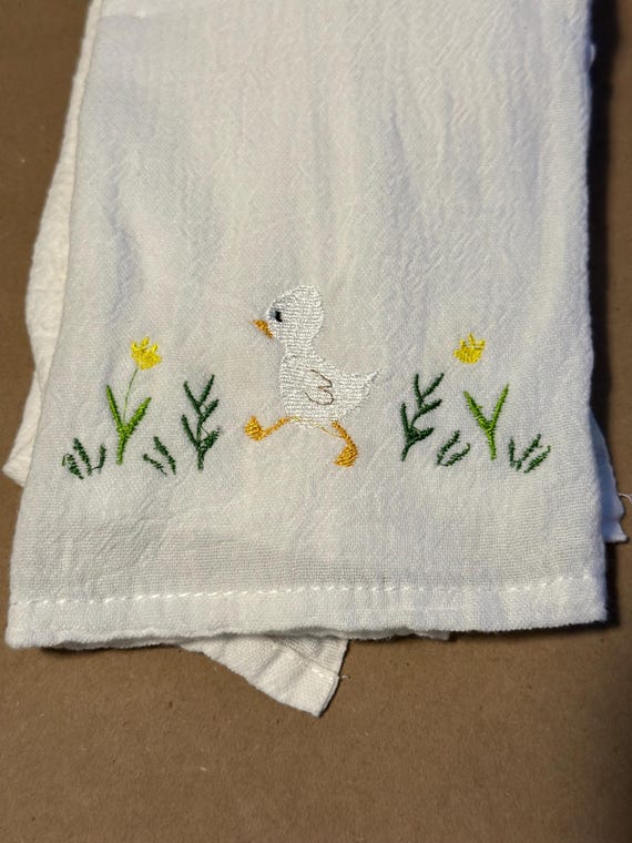 Embroidered Waltzing Duck Tea Towel: Whimsical Cotton Kitchen Decor