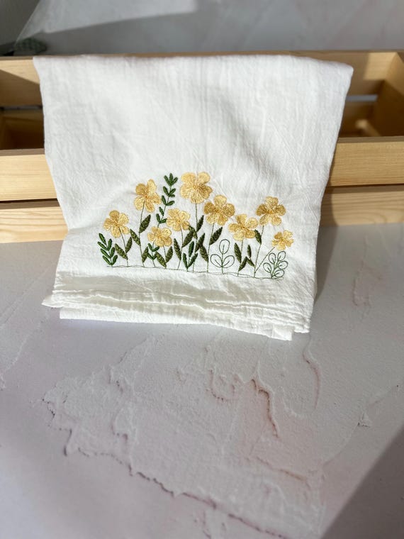 Yellow flower Garden embroidered Hand Towel for kitchen use- Tea Towel, Gift, hostess gift cottage core