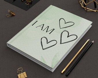 ICH BIN Herz Skizzenbuch Hardcover Notizbuch | Pastell grünes Aquarell