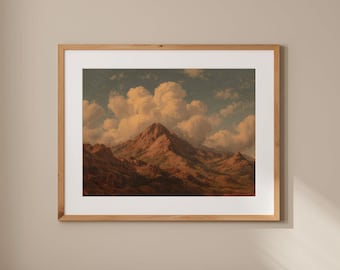 Vintage bewolkt berglandschap schilderij muur kunst afdrukbare, rustieke landelijke landschap digitale download, landschapskunst landschap, GV5413