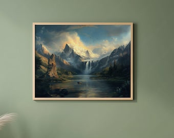 Pintura mural imprimible de paisaje alpino, impresión digital de primavera, montaña, lago y valle, decoración rústica de cabaña de las Tierras Altas, GV4008