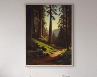 Printable Sunny Forest Painting Wall Art, Forest Landscape Painting Printable Digital Download, Rustic Forest Digital Wall Art Print, GV5478