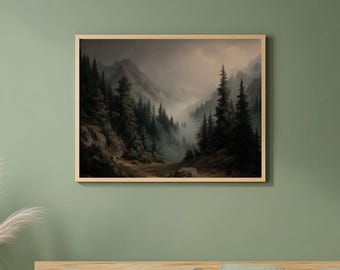 Moody Mountain Woodland Printable Wall Art, Evergreen Forest Landscape Painting Digital Print, Pine Tree Artwork Digital Download, GV6044
