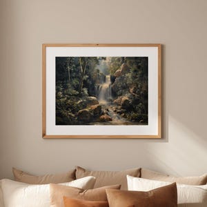 Afdrukbare kabbelende beek bos waterval schilderij, lente bos muur kunst direct downloaden, natuur landschap digitale kunst print, GV4223