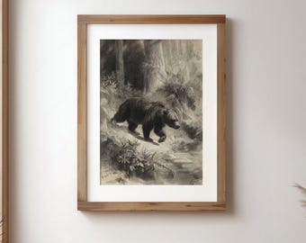 Plodding Bear Drawing Printable Wall Art, Vintage Animal Sketch Digital Art Print, Forest Wildlife Artwork Instant Download, GV5992