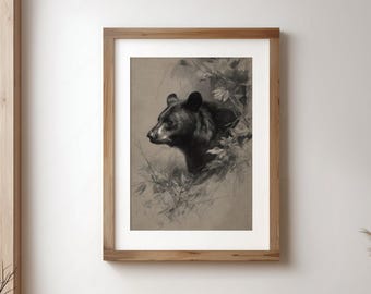 Bear Drawing Wall Art Printable, Vintage Wildlife Artwork, Forest Animal Sketch Art Print, Animal Portrait Digital Art Print, GV5796