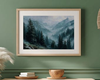 Printable Mountain Forest Landscape Wall Art, Winter Mountain Landscape Digital Download, Winter Forest Nature Digital Art Print, GV5904