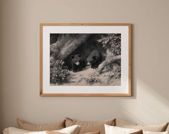 Printable Bear Cubs Monochrome Artwork, Forest Bear Engraving Printable Wall Art, High Resolution Forest Animal Art Print, GV5268