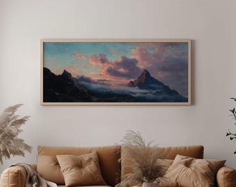 High Mountain Panorama Wall Art Printable, Panoramic Alpine Sunrise Landscape Painting Instant Download, Wide Nature Digital Print, GV6080