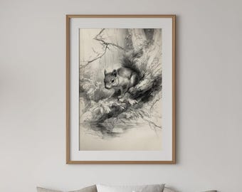 Squirrel Sketch Printable Wall Art, Vintage Animal Drawing Instant Download, Nature Artwork Pencil Drawing Digital Art Print, GV5946
