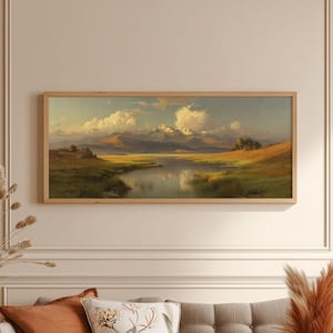 Cuadro panorámico de paisaje campestre imprimible de gran tamaño, arte mural extragrande con paisaje natural, descarga digital de arte panorámico de lago, GV5640