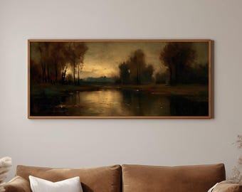 Panoramic Moody Fall Lake Painting Printable, Wide Dark Autumn Landscape Artwork, Vintage Country Nature Art Print Instant Download, GV6151