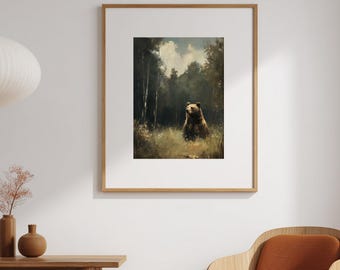 Woodland Bear Printable Painting, Rustic Forest Animal Landscape Instant Download, Nature Wildlife Poster Digital Art Print, GV6348