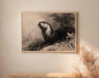Otter Printable Drawing, Vintage Forest Animal Drawing Instant Download, Wild Animal Poster Digital Art Print, GV5872