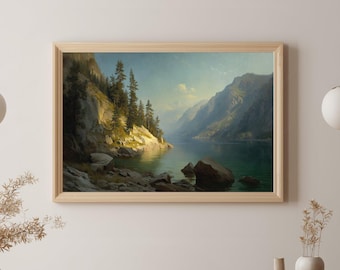 Cuadro digital de paisaje de lago y bosque, decoración para casa de lago, descarga instantánea para imprimir, arte digital para pared de casa de lago, GV5876