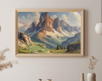 Afdrukbare landschapsschilderkunst lente berg, alpenbergen digitale kunstprint, hooggebergte direct downloaden, GV4066