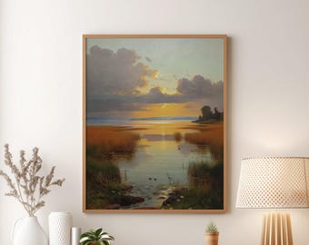 Cottagecore Lake Landscape Printable Wall Art, Forest Lake Landscape Painting Digital Download, Vintage Lake Home Decor, GV5173