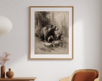 Printable Mama Bear With Cubs Drawing Printable Wall Art, Animal Sketch Digital Art Print, Forest Wildlife Artwork Instant Download, GV6134