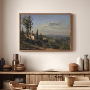 High quality high-resolution printable poster of a countryside landscape painting. European village painting, clear sky, village house, trees, hills and dunes, dark greens.