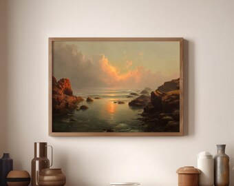 Rocky Coastal Landscape Painting Printable Wall Art, Coastal Country Painting Digital Wall Art, Rustic Beach Landscape Painting, GV5423