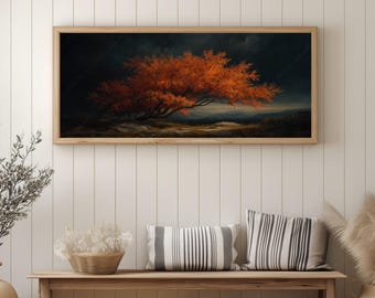 Moody Fall Tree Country Panorama Printable Wall Art, Hilltop Autumn Painting Digital Art Print, Wide Tree Landscape Instant Download, GV6126