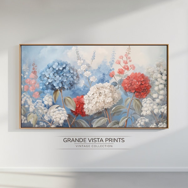 Tricolor Flower Artwork Frame TV Art | Cool Tone Flower Painting | Red Flower Wallpaper | Blue Flower Still Life | Floral Wallpaper | GV4266