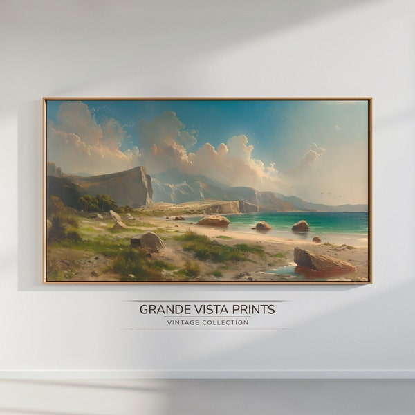 Cliff Beach Samsung Frame TV Art | Coastal Painting 4K Wallpaper | Seashore Landscape Background | Beach Painting Desktop Wallpaper | GV4303