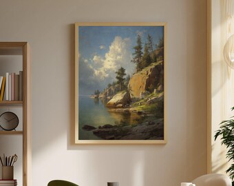 Printable Alpine Lake Landscape Painting, Vintage Mountain Lake Artwork Wall Decor, Coastal Forest Nature Poster Instant Download, GV5582