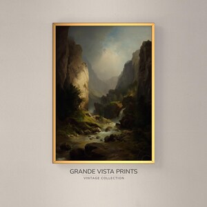 Moody Mountain Falls Painting Printable Landscape Wall Art, Mountain Forest Painting Wall Decor, Mountain Waterfall Landscape Poster, GV5394