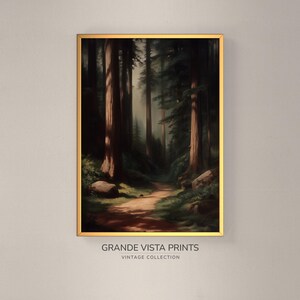 Vintage Evergreen Woodland Trail Printable Painting Landscape Wall Art, Printable Forest Painting, Dark Tree Painting Wall Art, GV5453