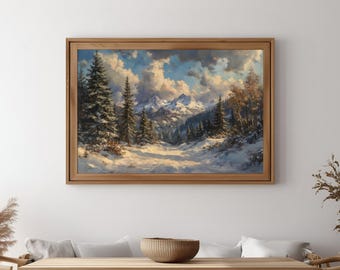 Snowy Mountain Valley Landscape Painting, Winter Mountain Landscape Wall Art, Printable Winter Mountain Forest Artwork, GV4763