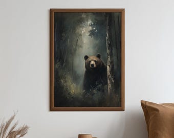 Forest Bear Painting Printable Wall Art, Rustic Animal Landscape Instant Download, Woodland Wildlife Artwork Digital Art Print, GV6180