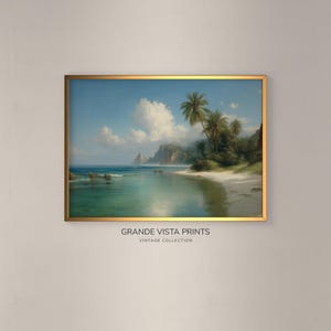 Tropical Island Printable Wall Art, Tropical Beach Landscape Painting Digital Download, Vintage Tropical Painting Digital Art Print, GV5605