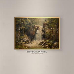 Vintage Forest Landscape Painting, Spring Forest Waterfall Instant Download, Rustic Waterfall Cabin Wall Decor, GV4194