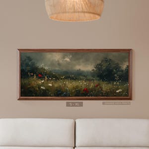 Panoramic Wildflower Country Printable Large Wall Art, Wide Moody Nature Painting Panorama Pic, Brooding Sky Floral Landscape, GV6369