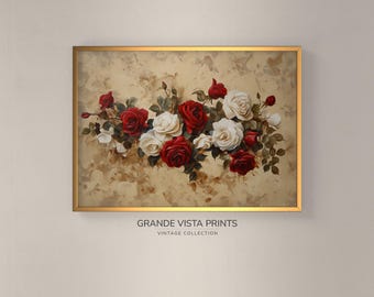 White Red Rose Still Life Printable Wall Art | Rose Still Life Painting | Printable Red White Rose Still Life | Rose Art Print | GV4333