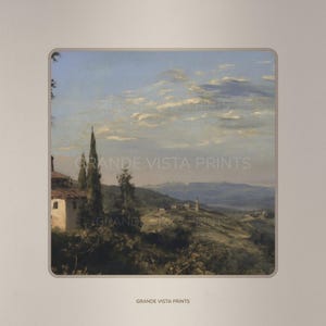 May include: An art print of a landscape featuring a Tuscan villa, cypress trees, and rolling hills under a blue sky with clouds. The print has the text "GRANDE VISTA PRINTS".