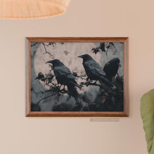 Art mural imprimable Illustration des trois corbeaux, impression d'art numérique effrayant Halloween, téléchargement numérique de peinture paysage pleine lune, GV5765