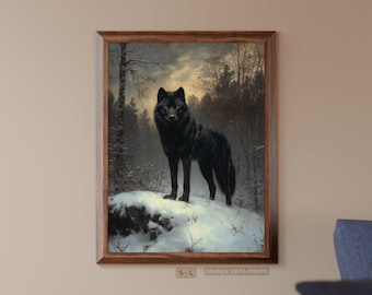 Black Wolf Painting Wall Art | Black Wolf Digital Wall Decor | Animal Art Print Instant Download | GV4919