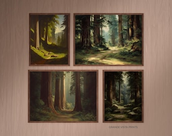 Set di 4 stampe di opere d'arte forestali da parete, decorazione da parete per gallerie, set di dipinti di paesaggi naturali boschivi, stampa digitale di opere d'arte da parete boschive, GV5911