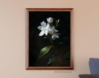 白い花の静物画：柔らかな緑の植物画（デジタル印刷可能ダウンロード