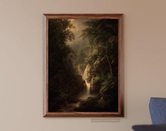 Mountain Waterfall Landscape Painting Printable Wall Art, Mountain Forest Painting Art Print, Mountain Waterfall Landscape Poster, GV5437