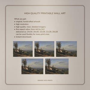 May include: A digital print advertisement for printable wall art. The image features five landscape paintings of a Tuscan villa. The text reads "HIGH QUALITY PRINTABLE WALL ART" and lists features like high resolution and instant downloads. The print sizes are 24x30, 20x30, 22x28, 21x28, and 20x28 inches.