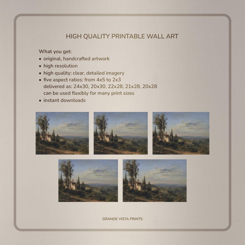 May include: A digital print advertisement for printable wall art. The image features five landscape paintings of a Tuscan villa. The text reads "HIGH QUALITY PRINTABLE WALL ART" and lists features like high resolution and instant downloads. The print sizes are 24x30, 20x30, 22x28, 21x28, and 20x28 inches.