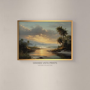 Rustic Tropical Coastal Landscape Painting Wall Art, Tropical Beach Sunset Printable Wall Decor, Vintage Palm Tree Coastal Art Print, GV5109