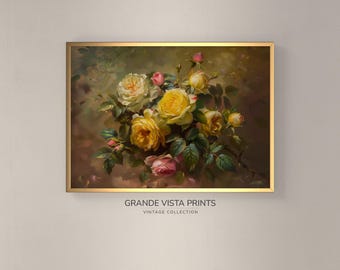 Yellow Rose Painting | Yellow Pink Flower Wall Art | Printable Flower Still Life Art Print | Mothers Day Gift | GV4197