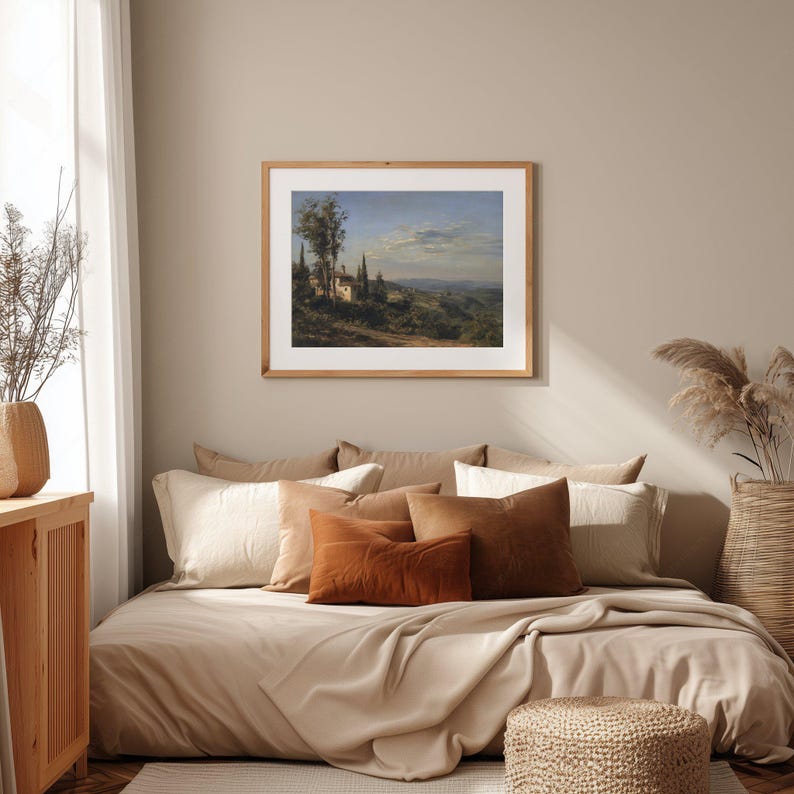 High quality high-resolution printable poster of a countryside landscape painting. European village painting, clear sky, village house, trees, hills and dunes, dark greens.