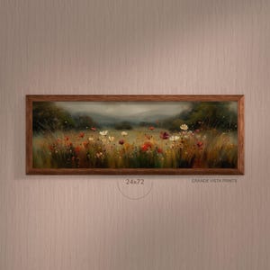 Panoramautsikt över vildblomslandskap utskrivbar väggkonst, brett natur extra brett digitalt tryck, vårängskonstverk direkt nedladdning, GV5948