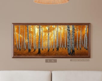 Wide Autumn Forest Printable Landscape, Panoramic Fall Woods Instant Download Wall Art, Yellow Leaves Panorama Digital Art Print, GV6016