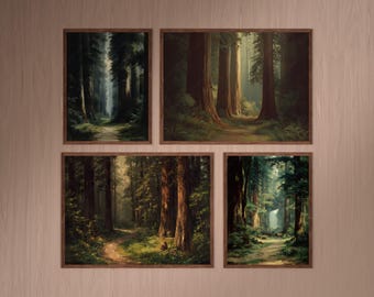 Set di 4 quadri vintage a tema foresta, decorazione per pareti, poster con paesaggi boschivi e naturali, stampa digitale di un albero, GV5929